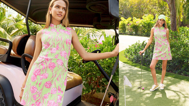 Model in golf dress standing on golf course
